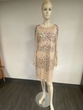 Adrianna Papell Nude Pink Long-Sleeve Beaded Dress